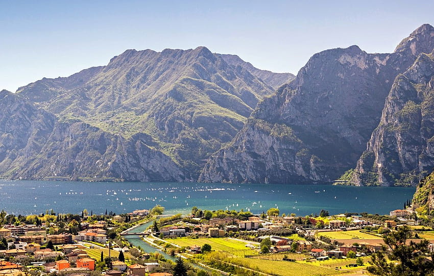mountains, lake, home, Italy, town, Lake Garda, Torbole HD wallpaper
