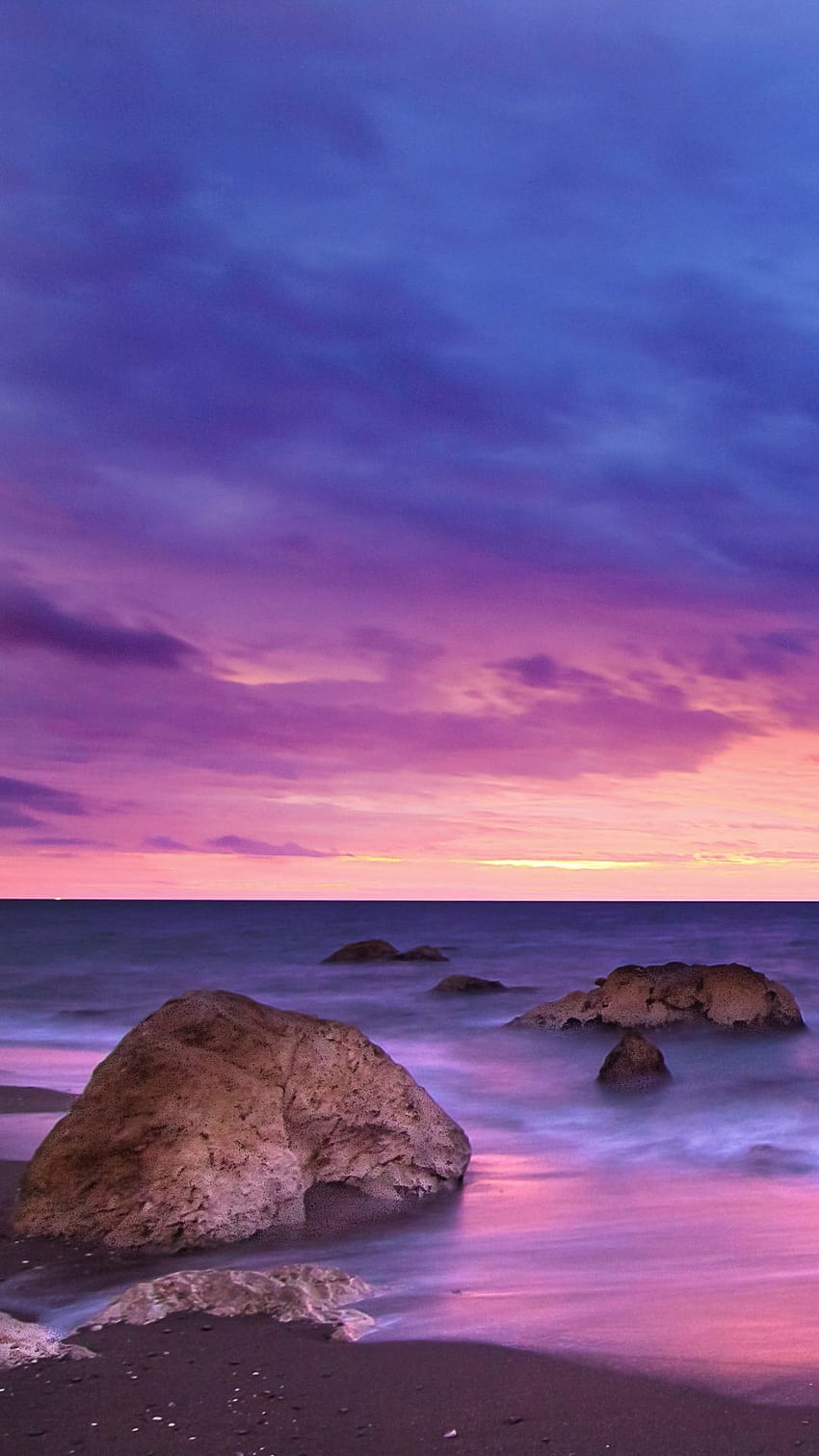 หาดสีชมพูและสีม่วง Sunset Earth Sunset Beach Horizon Sky ทะเลพระอาทิตย์ตกสีชมพูสุดขอบฟ้า วอลล์เปเปอร์โทรศัพท์ HD