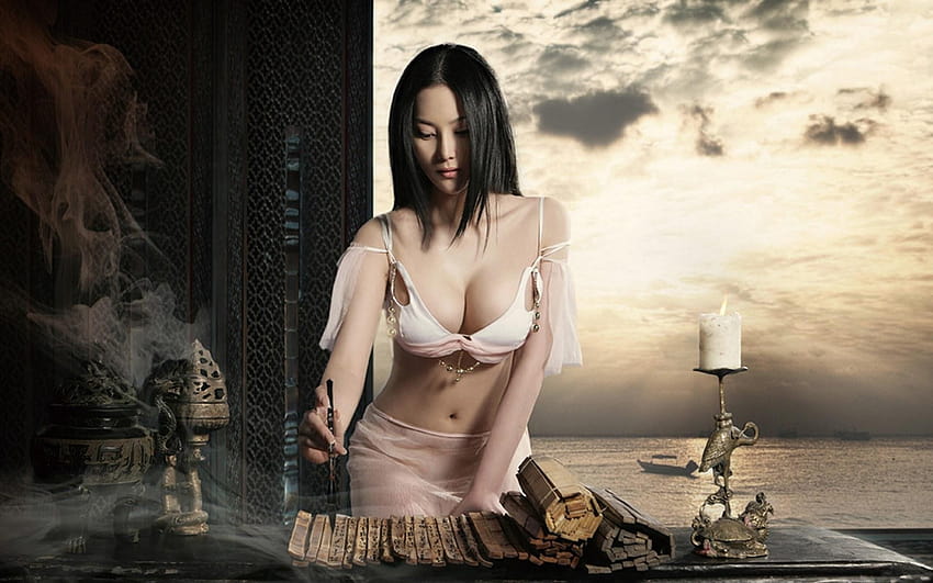 : women, model, Asian, sitting, black hair, dark hair, fashion, romance, Zhang Xin Yu, beauty, graph, shoot, album cover 1920x1200 HD wallpaper