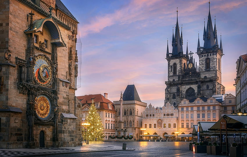 the city, holiday, building, new year, home, Christmas, Prague, Czech Republic, temple, tree, Old town square, Denis Poltoranin, Полтораднев Денис , section город, old christmas town HD wallpaper