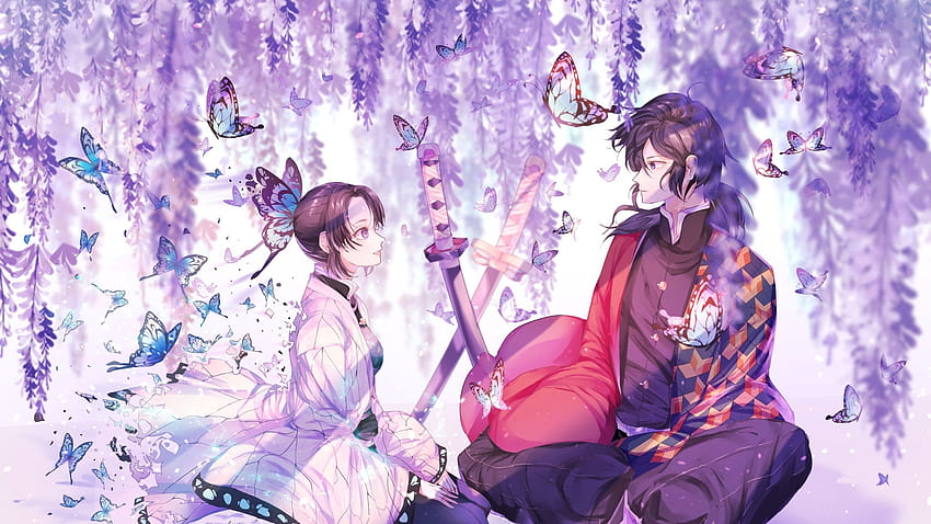 Demon Slayer Giyuu Tomioka Shinobu Kochou sentado cerca de espadas volando mariposas bajo flores púrpuras Anime </a>, giyuu x shinobu fondo de pantalla