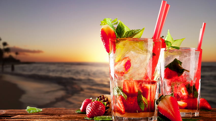 cocktails, tropical, beach, fruit, strawberries, ice, mint, Food, strawberry cocktail HD wallpaper