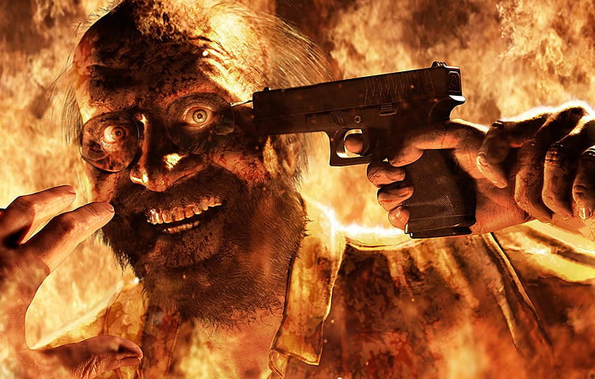 fire, flame, gun, pistol, game, weapon, Resident Evil, man, resident evil 7 HD wallpaper