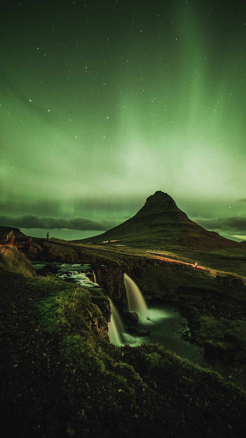 Sky kirkjufell, mountain, waterfall, amoled aurora HD phone wallpaper