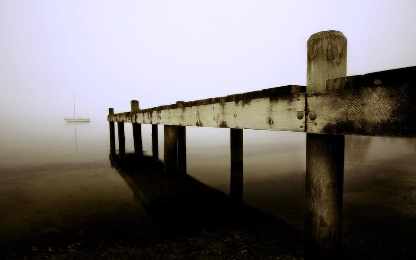 Pier, wood, lake, boats, fog, morning 1920x1200, wooden pier fog HD wallpaper