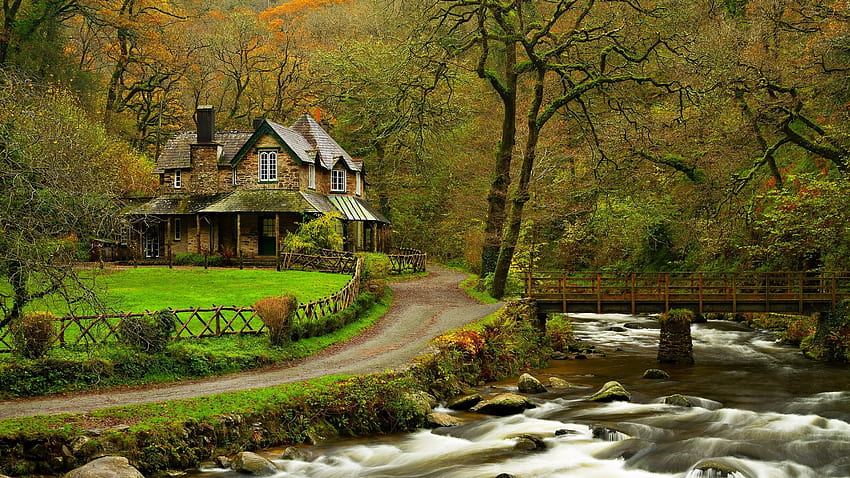 森の中の美しい家、秋の森の家 高画質の壁紙