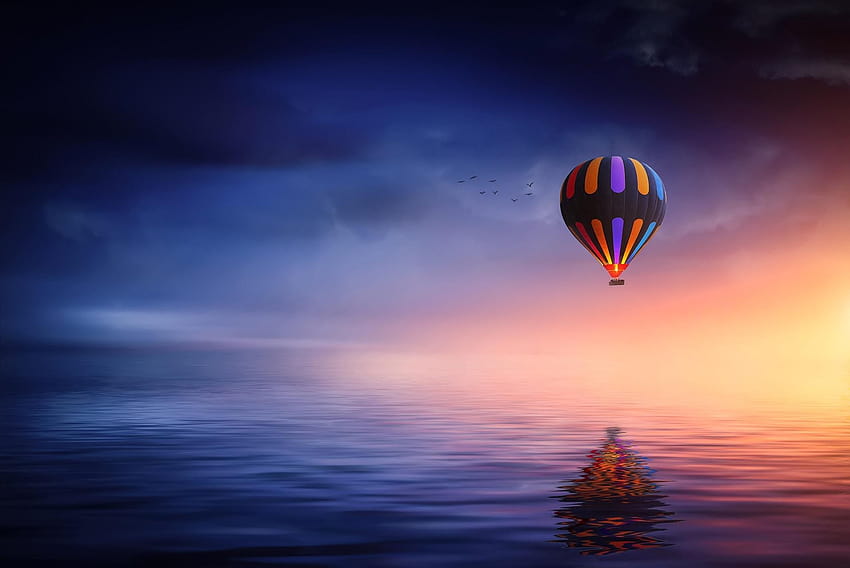 Balon Udara Panas Balon Danau Sunset dan, balon bulan Wallpaper HD