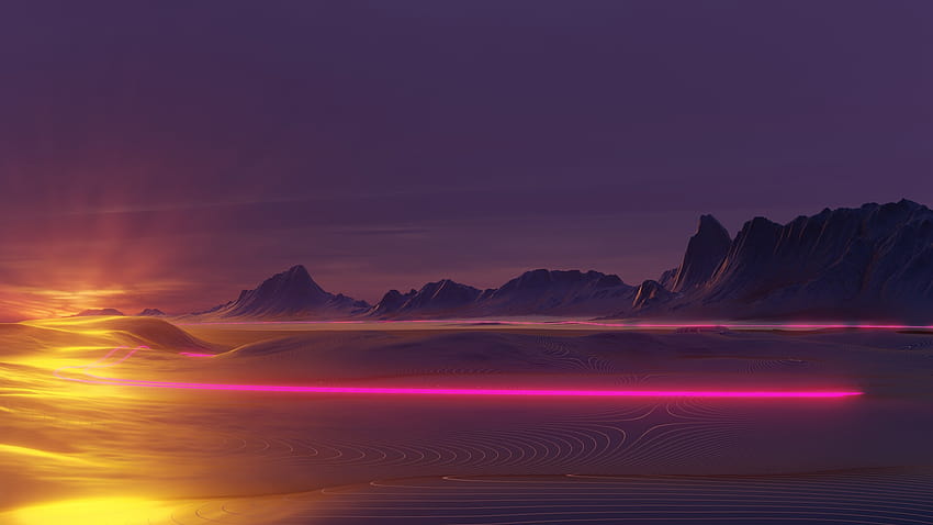 : artwork, Retrowave, vaporwave, neon glow, sunset, mountains, sand, desert, landscape, digital, 3D, science fiction, OutRun, synthwave, cyberpunk 1920x1080, neon mountain HD wallpaper
