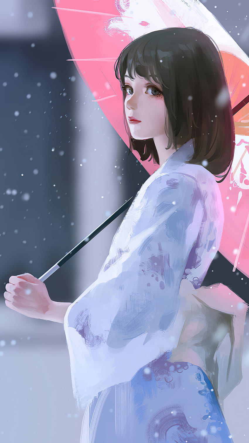 아름다운 애니메이션 소녀 기모노 우산 눈이 내리는 62214 [2160x3840], 모바일 및 태블릿용 HD 전화 배경 화면