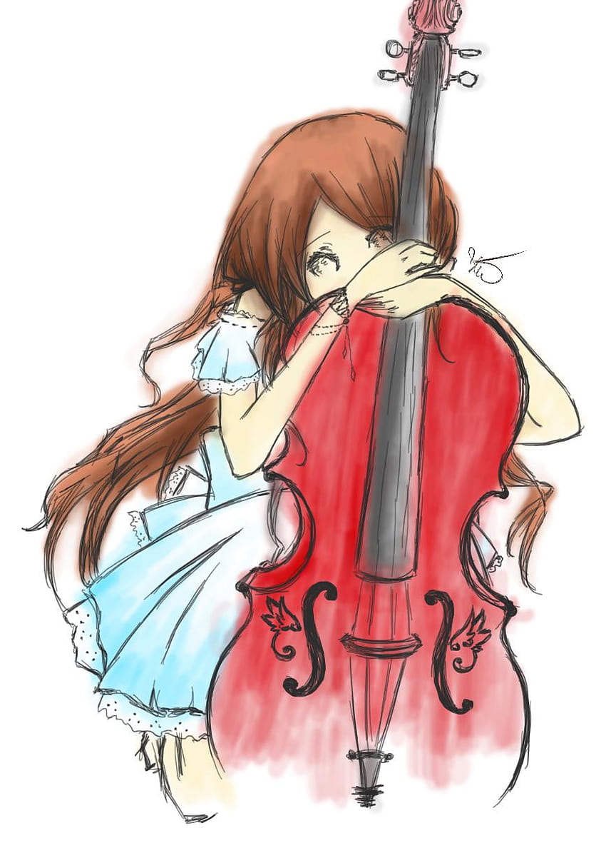 Chica anime tocando violonchelo, violonchelo anime fondo de pantalla del teléfono