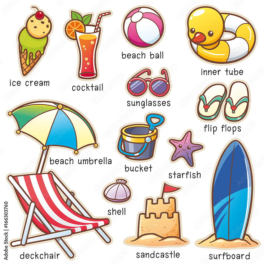 Vector illustration of Cartoon Summer Vacation vocabulary Stock Vector, summer vacation cartoon HD phone wallpaper