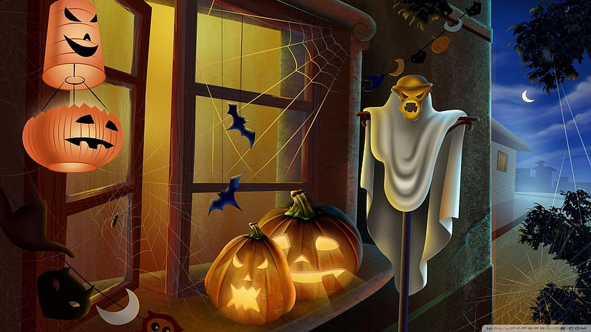 Spooky House Bats Scary Pumpkin Spider Web Hallowmas Halloween, halloween spiders HD wallpaper