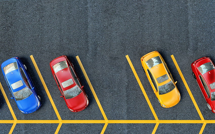 Vue de dessus de l'aire de stationnement, trottoir, lignes jaunes, voitures bleues rouges jaunes 2560x1600, parking Fond d'écran HD
