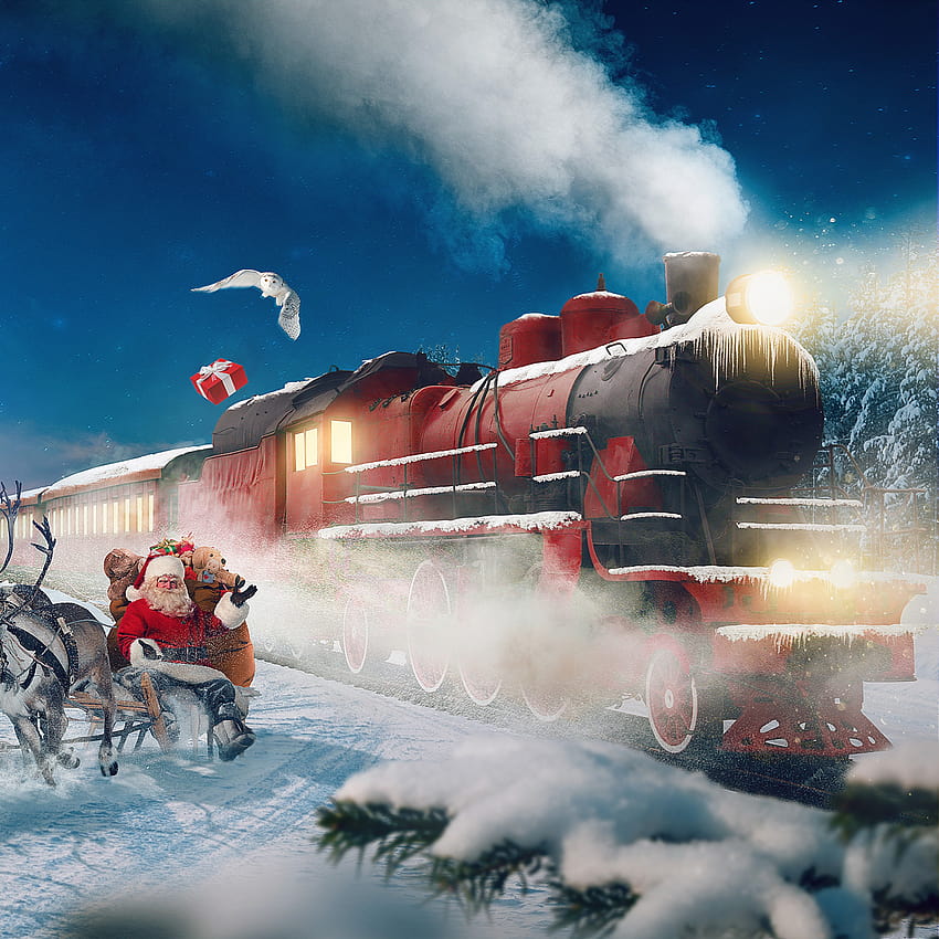 Полярен експрес, еленска колесница, Дядо Коледа, коледен влак сняг HD тапет за телефон