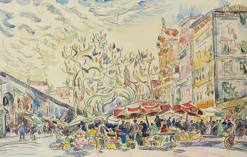 figura, aquarela, paisagem urbana, Paul Signac, Paul Signac, Nice. Cours Saleya , seção живопись papel de parede HD