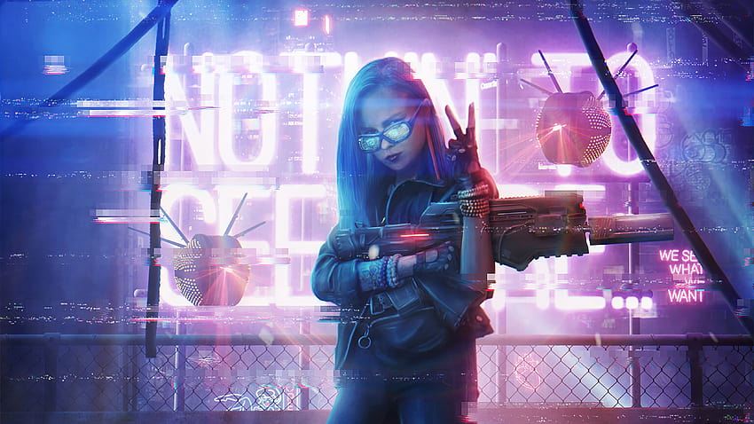 Cyber​​punk Girl With Gun Neon , アーティスト, 背景, そして, 女の子のネオン 高画質の壁紙