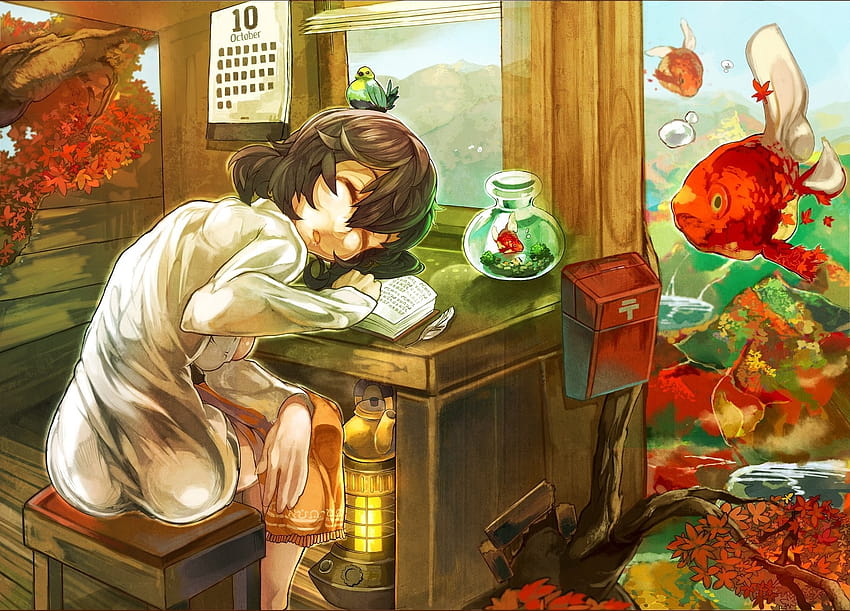 sonbahar mevsimi yapraklar balık kahverengi kısa saç uyku anime kızlar 1409x1013 Yüksek Kalite, Yüksek Çözünürlük, kısa kahverengi saç HD duvar kağıdı