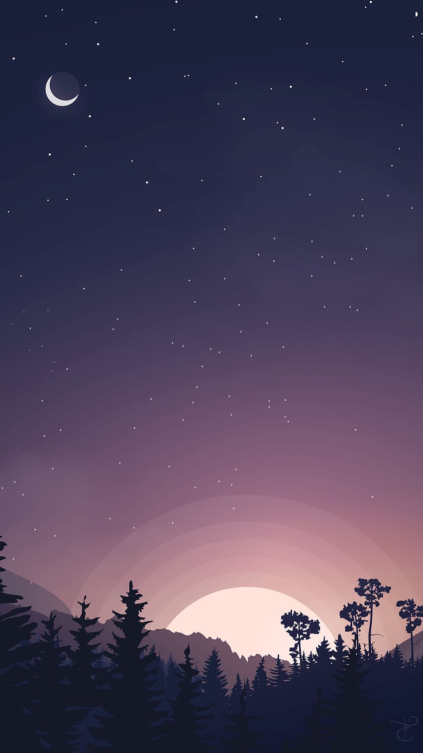 sunset, forest, trees, silhouette, flat illustration HD phone wallpaper
