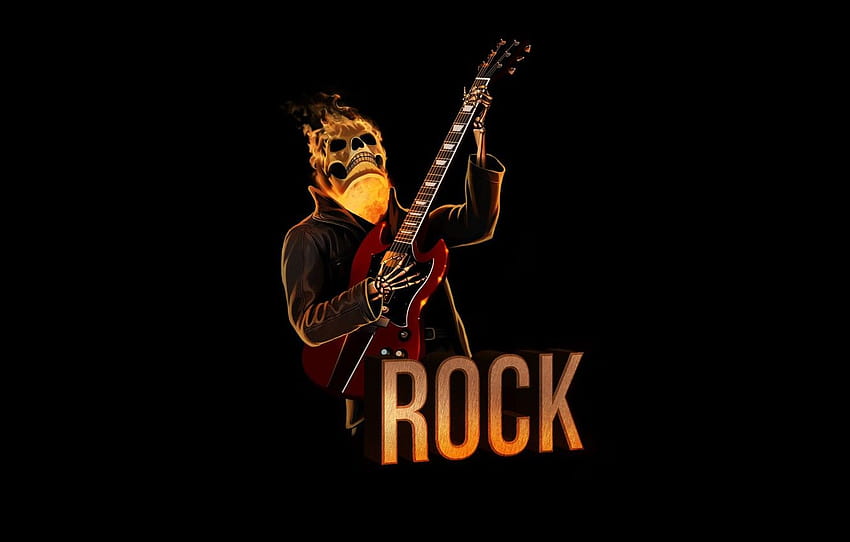 red, fire, skull, guitar, minimalism, skeleton, sake, rock, black background, rock , section минимализм, rock guitar HD wallpaper
