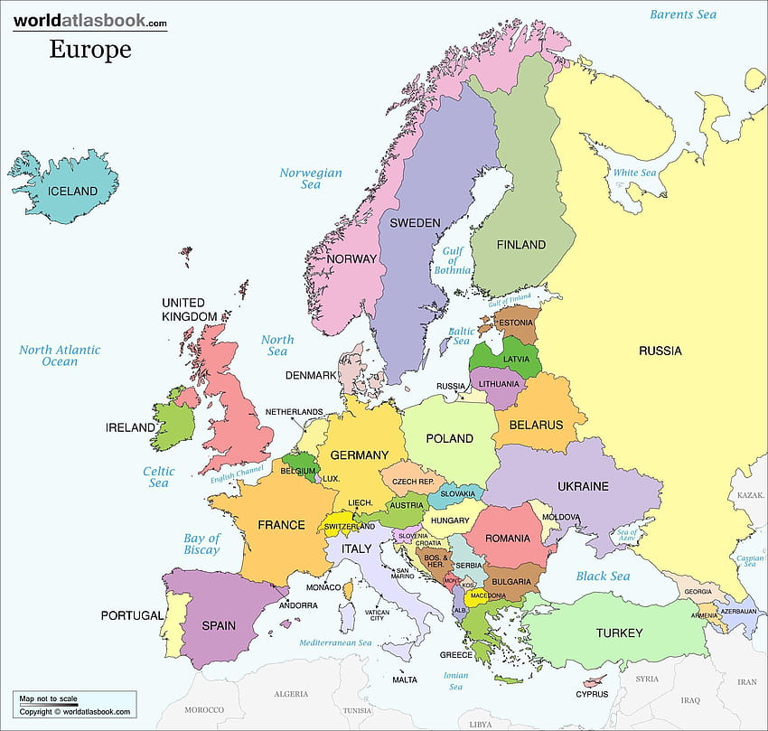แผนที่ยุโรปทางการเมืองกับประเทศและเมืองหลวง วอลล์เปเปอร์ HD