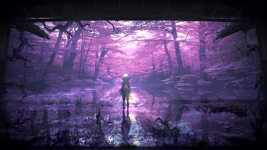 Fantasy Purple Forest Pond and Anime Girl HD wallpaper