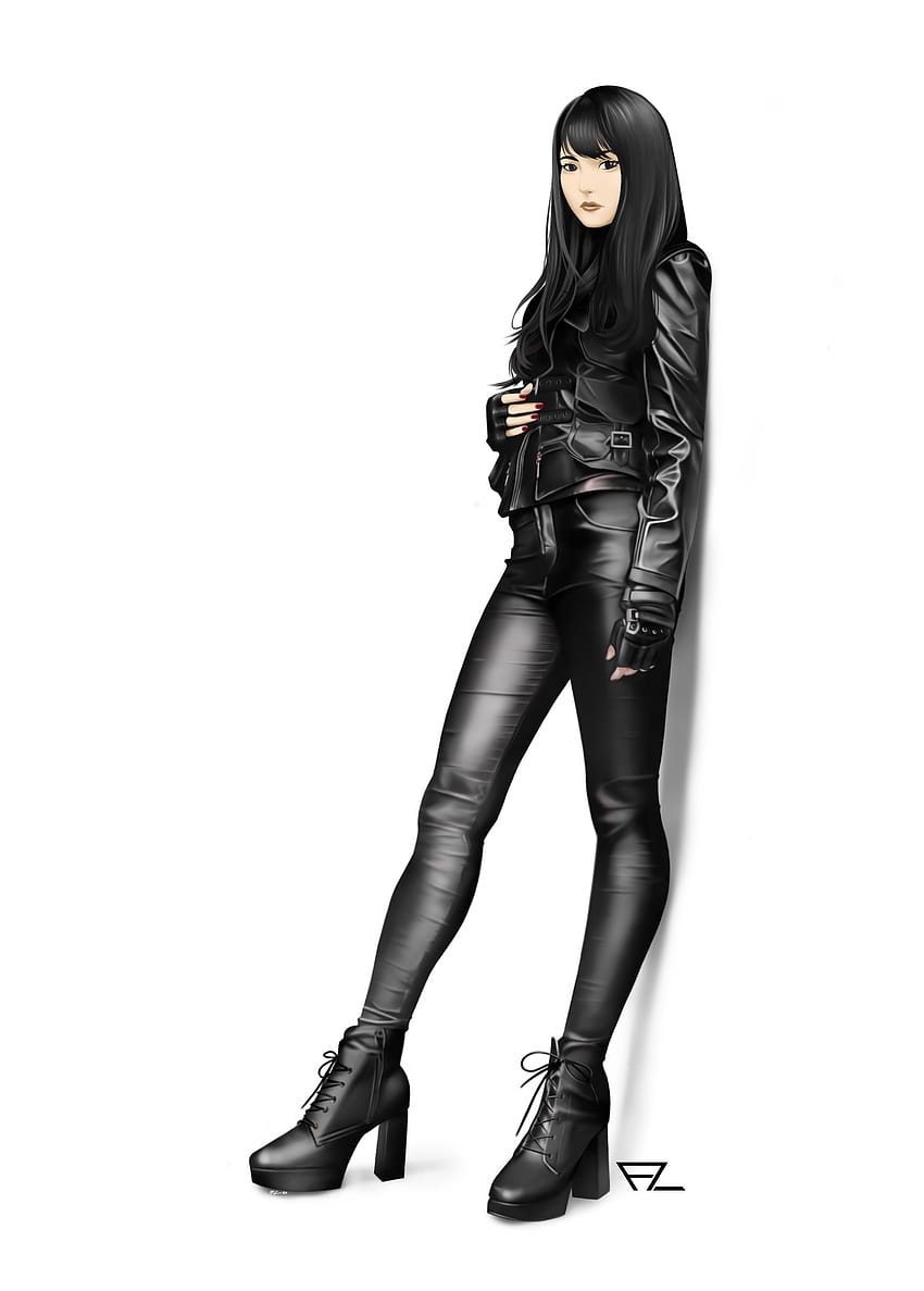 Момиче в черно облекло, черен кожен шпионски костюм HD тапет за телефон