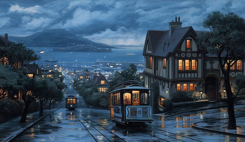 Belle peinture de Rainy San Francisco Cable Car Line, téléphériques san francisco Fond d'écran HD