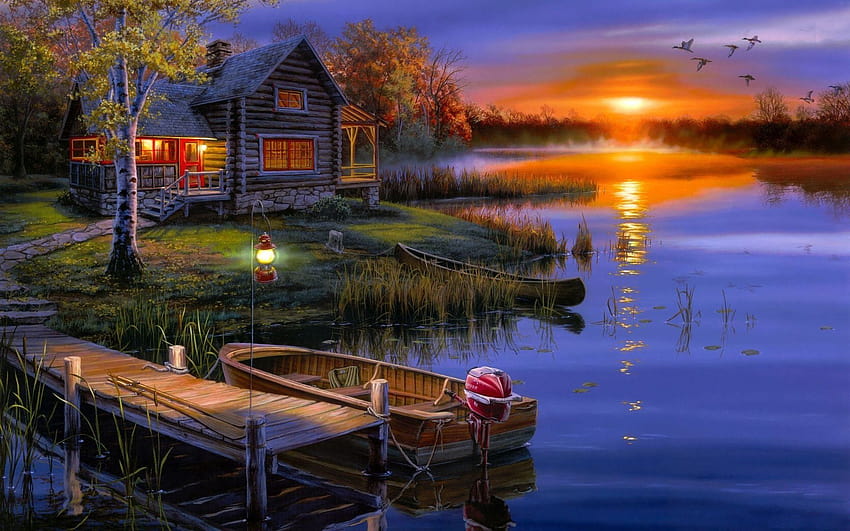 Картинки по запросу закат дом, cabin by the lake HD wallpaper