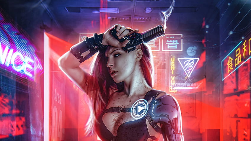 3D wallpaper Cyberpunk Girl. Papel de parede garota Cyberpunk