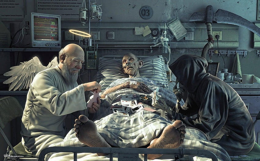 Homem deitado na cama do hospital perto de ilustração de anjo e diabo, anjo vs diabo papel de parede HD