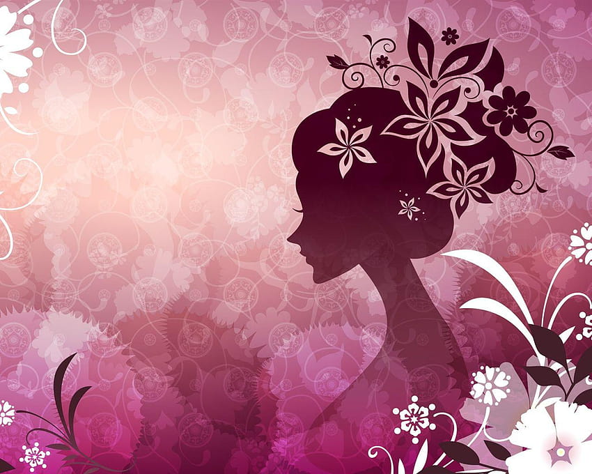 Векторна жена с розови цветя, момиче с произведения на изкуството и цветя HD тапет