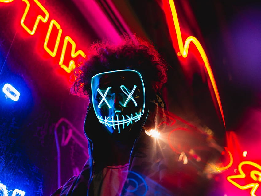 Maska, Neon, Anonimowy, Światło, Mężczyzna, neonowa maska ​​hakera Tapeta HD