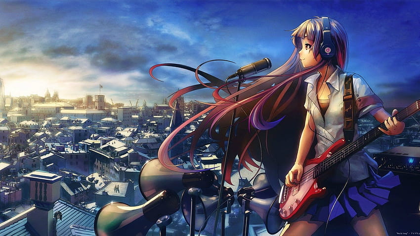 屋根の上で歌っているアニメの女の子と、アニメの歌 高画質の壁紙