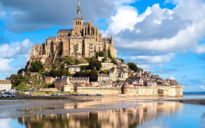 Francja, Mont Saint Michel, zamek, twierdza, rzeka 2880x1800 Tapeta HD