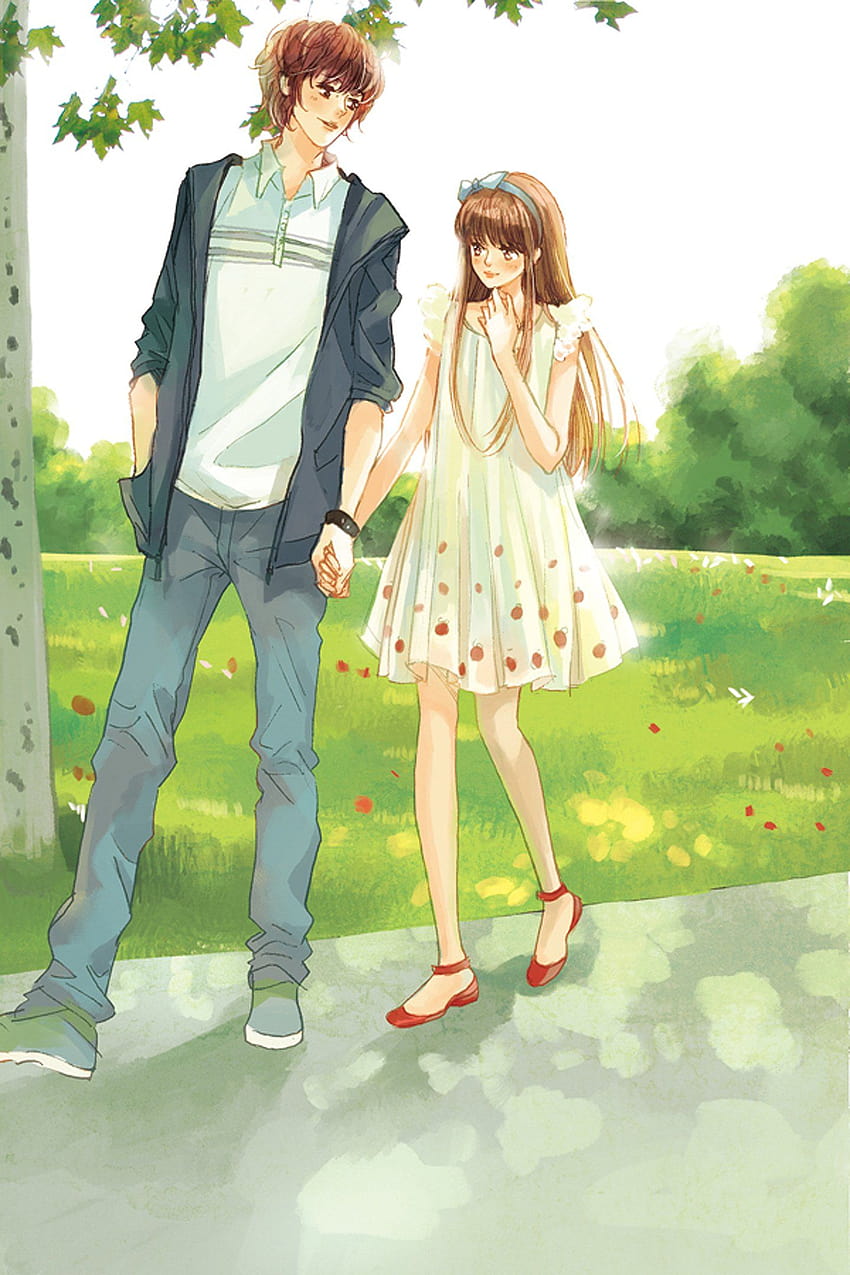 Liebes-Anime-Paar, Junge, Mädchen, Baum, rote Schuhe, weißes Kleid, Junge, Liebes-Anime HD-Handy-Hintergrundbild