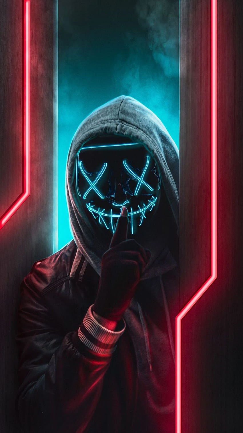 neon mask man, neon red guy HD phone wallpaper