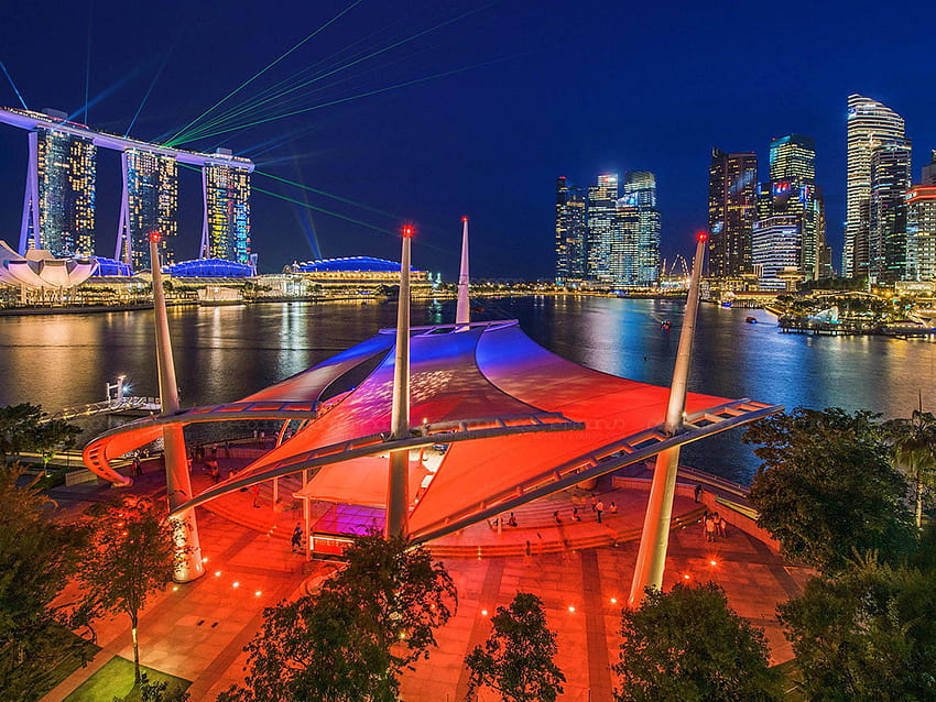 Marina Bay Sands Singapore Bridges Skyscrapers Laser Show HD wallpaper