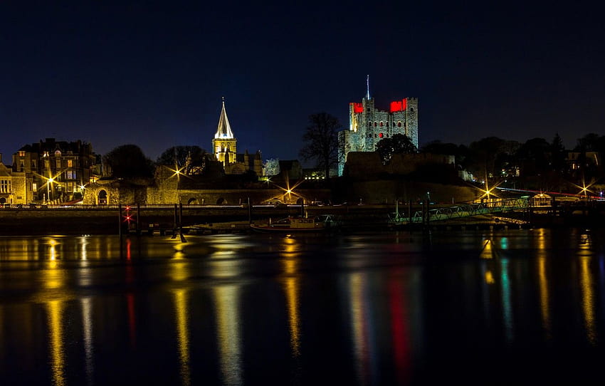night, lights, river, castle, England, pier, promenade, Rochester , section город HD wallpaper