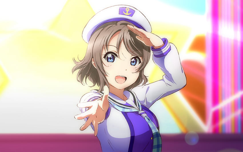 Love live!, love live! school idol project, {{{love live! sunshine!!}}}, {{{ watanabe you}}}, brown hair, blue eyes, {{{animeted}}}, anime colored on  Craiyon