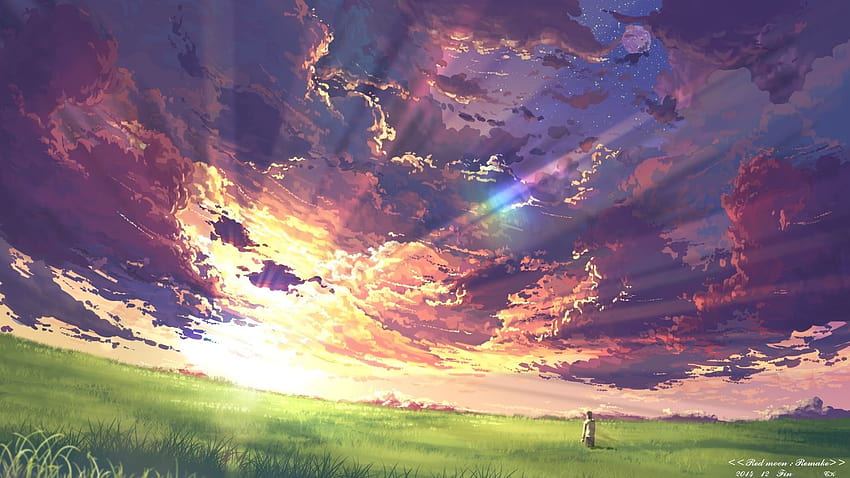 clouds grass moon original scenic sky stars sunset yuuko, grassland anime HD wallpaper