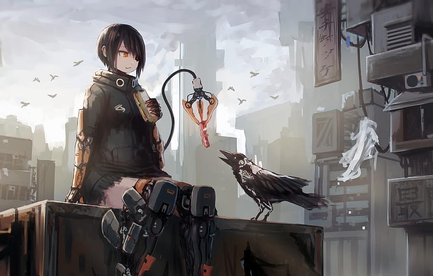 şehir, gelecek, kız, fantezi, robot, android, kuş, cyberpunk bilim kurgu anime HD duvar kağıdı