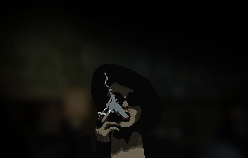 女の子, 灰色, 背景, 黒, 影, ぼかし, 帽子, リング, メガネ, タバコ, 黒, 喫煙, 女性, セクション минимализм 高画質の壁紙