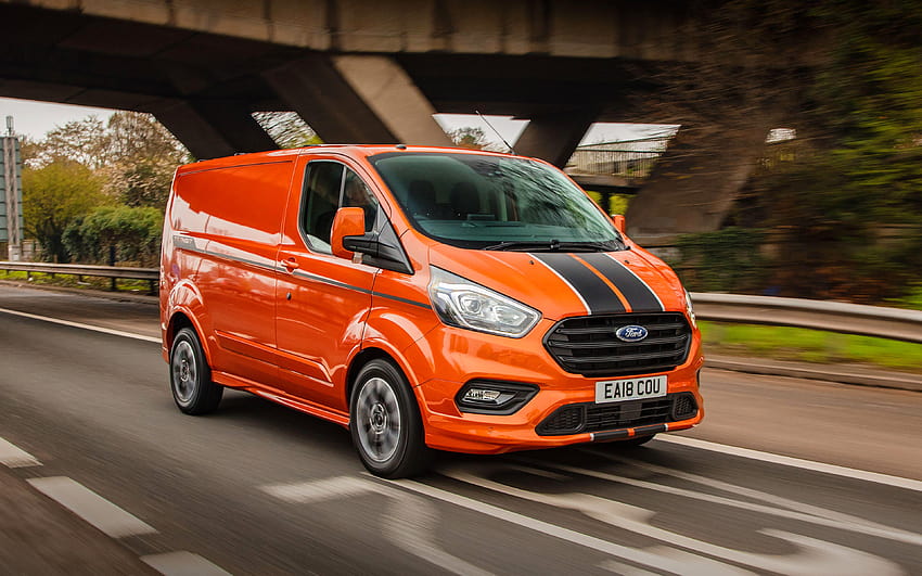 Ford Transit Custom Sport, 2018 cars, motion blur, orange Ford Transit, vans, tuning, road, Ford, cargo transport with resolution 3840x2400. High Quality, ford transit sport HD wallpaper