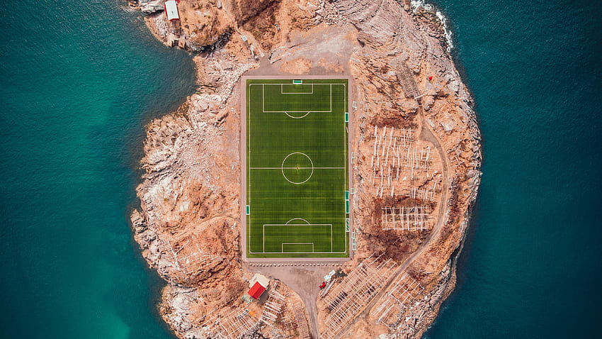 football field, island, top view, lofoten, norway, football court HD wallpaper