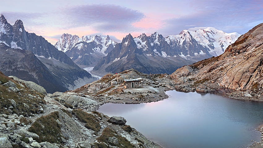 Mont Blanc Massif, sunrise, lake, hut, Graian Alps 3840x1200 Multi Monitor Panorama , mont blanc alps HD wallpaper
