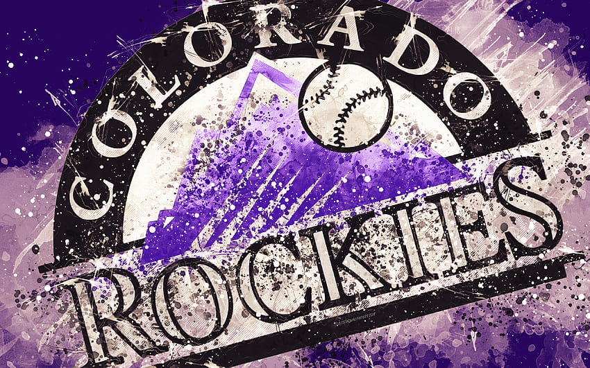 Colorado Rockies, Grunge-Kunst, Logo, amerikanischer Baseballclub, MLB, lila Hintergrund, Emblem, Denver, Colorado, USA, Major League Baseball, National League, kreative Kunst mit einer Auflösung von 3840 x 2400. Hochwertige MLB-Rockies HD-Hintergrundbild