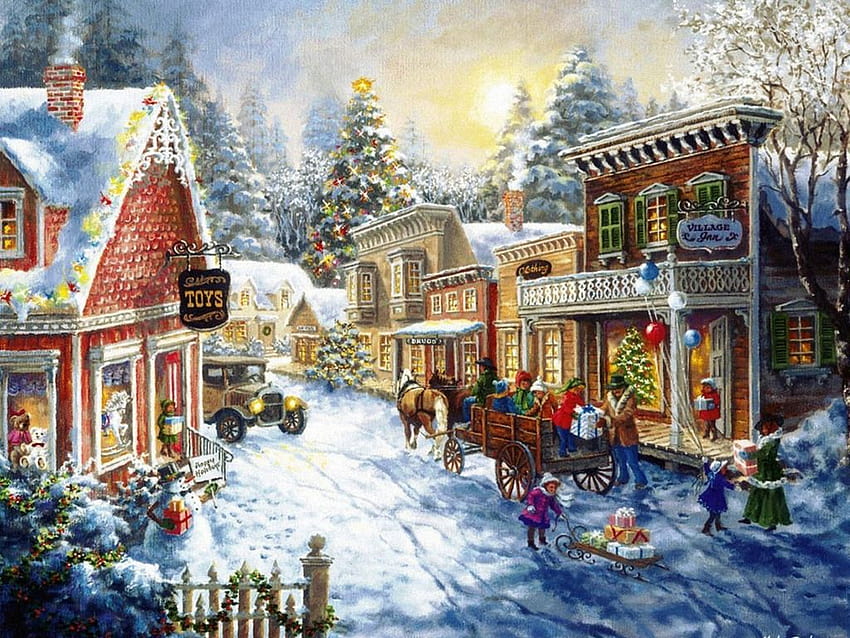 村のクリスマス シーン、古いクリスマス タウン 高画質の壁紙