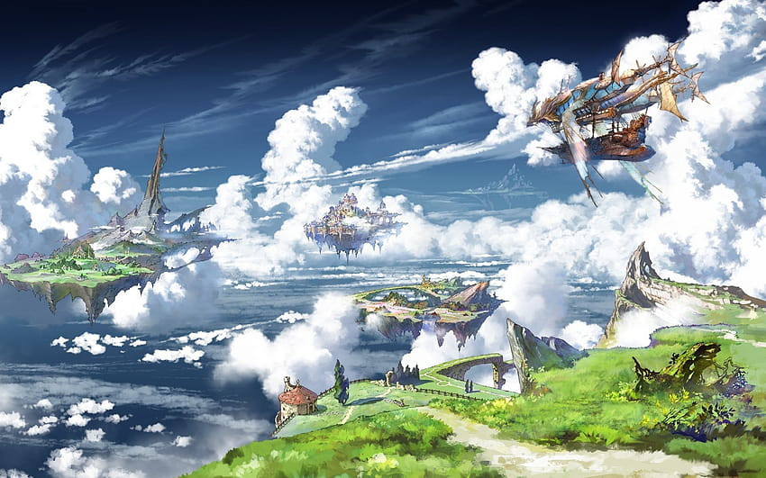 2880x1800 Granblue Fantasy, Landscape, Floating Island, Clouds, Ship, Anime Games for MacBook Pro 15 inch, anime island HD wallpaper