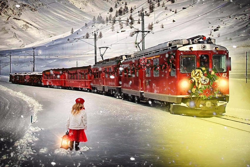 クリスマストレイン、雪の中の赤い電車 高画質の壁紙