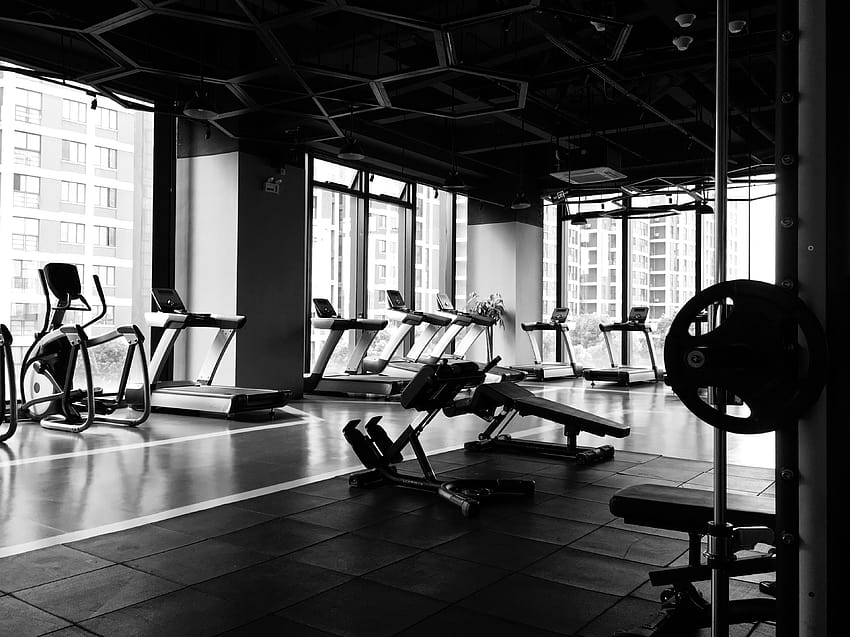 gym ,gym,physical fitness,room,exercise equipment,sport venue,strength training,black and white,weight training,crossfit,monochrome, gym room HD wallpaper